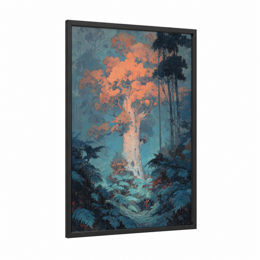 Glowing Kauri Tree framed art print — black wood frame — teal and orange palette