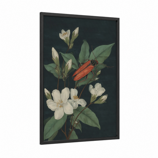 Firefly Botanicals framed fireflies print — black wood frame — white and dark green palette