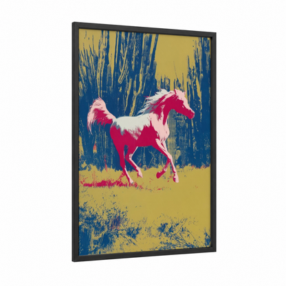 Crimson Arabian framed arabian horse print — black wood frame — gold and royal blue palette