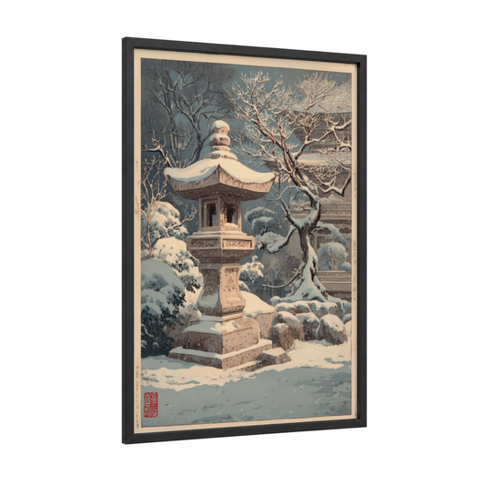 Snowy Garden Lantern framed winter print — black wood frame — gray and cream palette