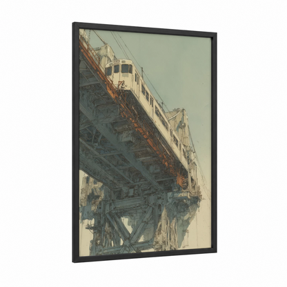 Elevated Train framed art print — black wood frame — beige and gray palette