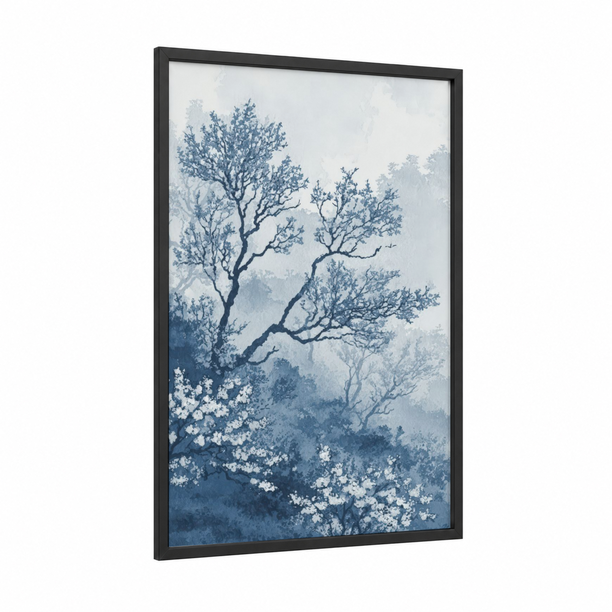 Misty Blossom Field framed flower field print — black wood frame — blue and white palette
