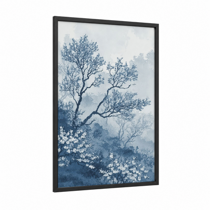 Misty Blossom Field framed flower field print — black wood frame — blue and white palette