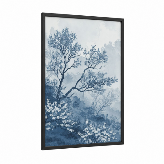Misty Blossom Field framed flower field print — black wood frame — blue and white palette