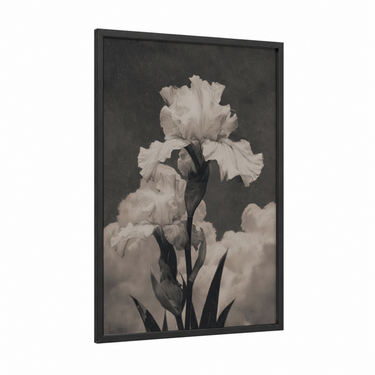 Ethereal Iris framed art print — black wood frame — black and white and gray palette