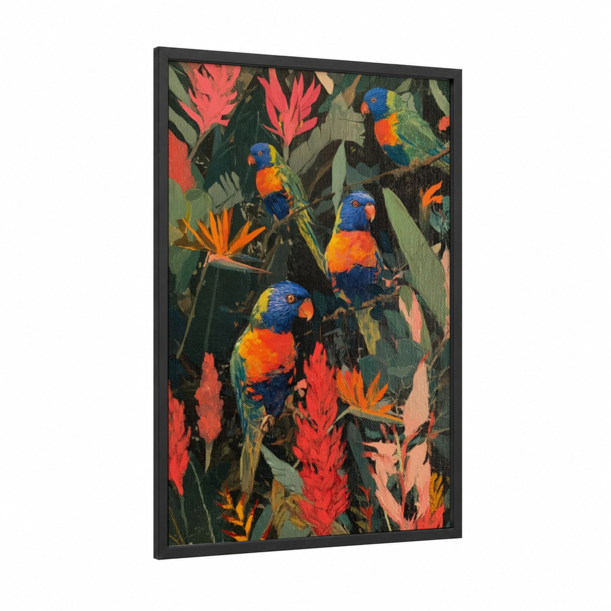 Tropical Lorikeet Paradise framed rainbow lorikeet print — black wood frame — blue and orange palette