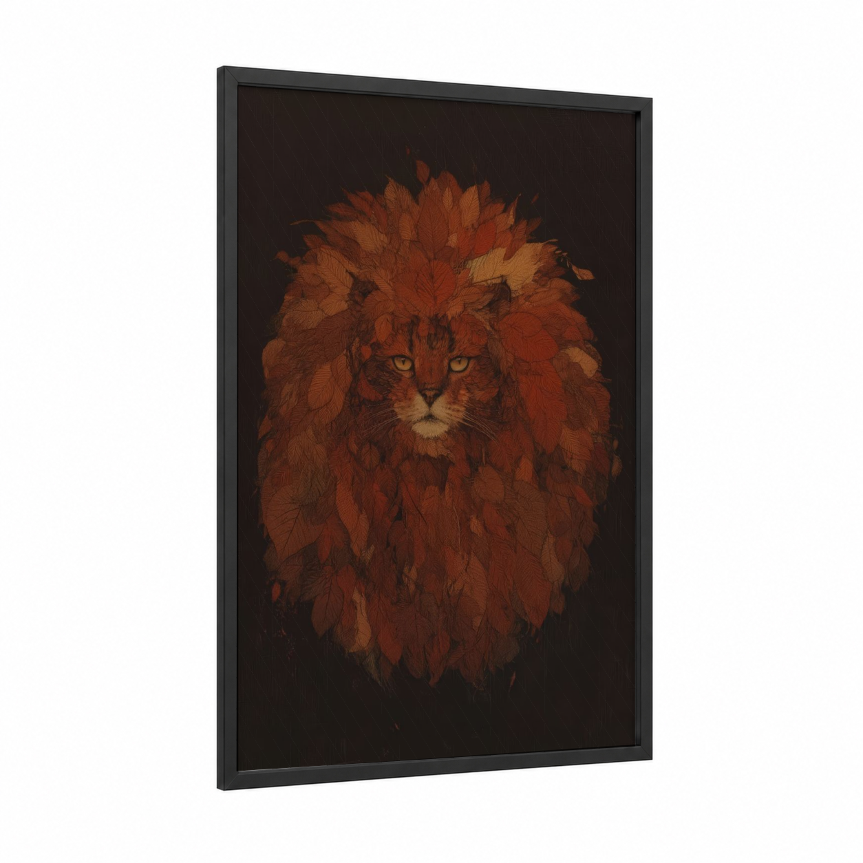 Autumn Lion Cat framed art print — black wood frame — russet and gold palette