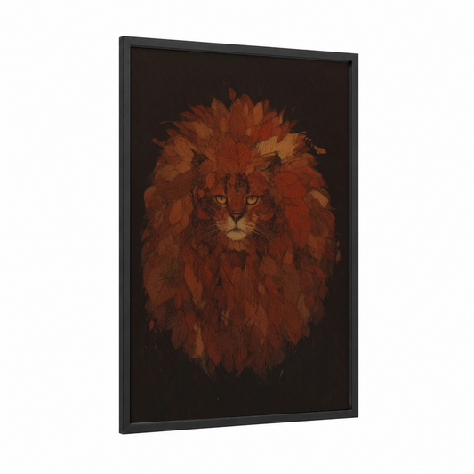 Autumn Lion Cat framed art print — black wood frame — russet and gold palette