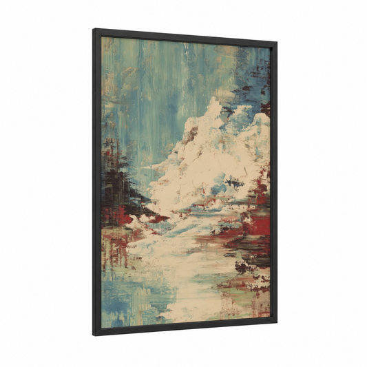 Snowy Himalayas framed art print — black wood frame — blue and cream palette