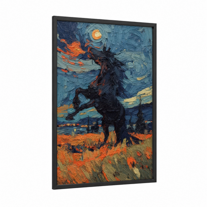 Midnight Friesian Horse framed art print — black wood frame — blue and orange palette