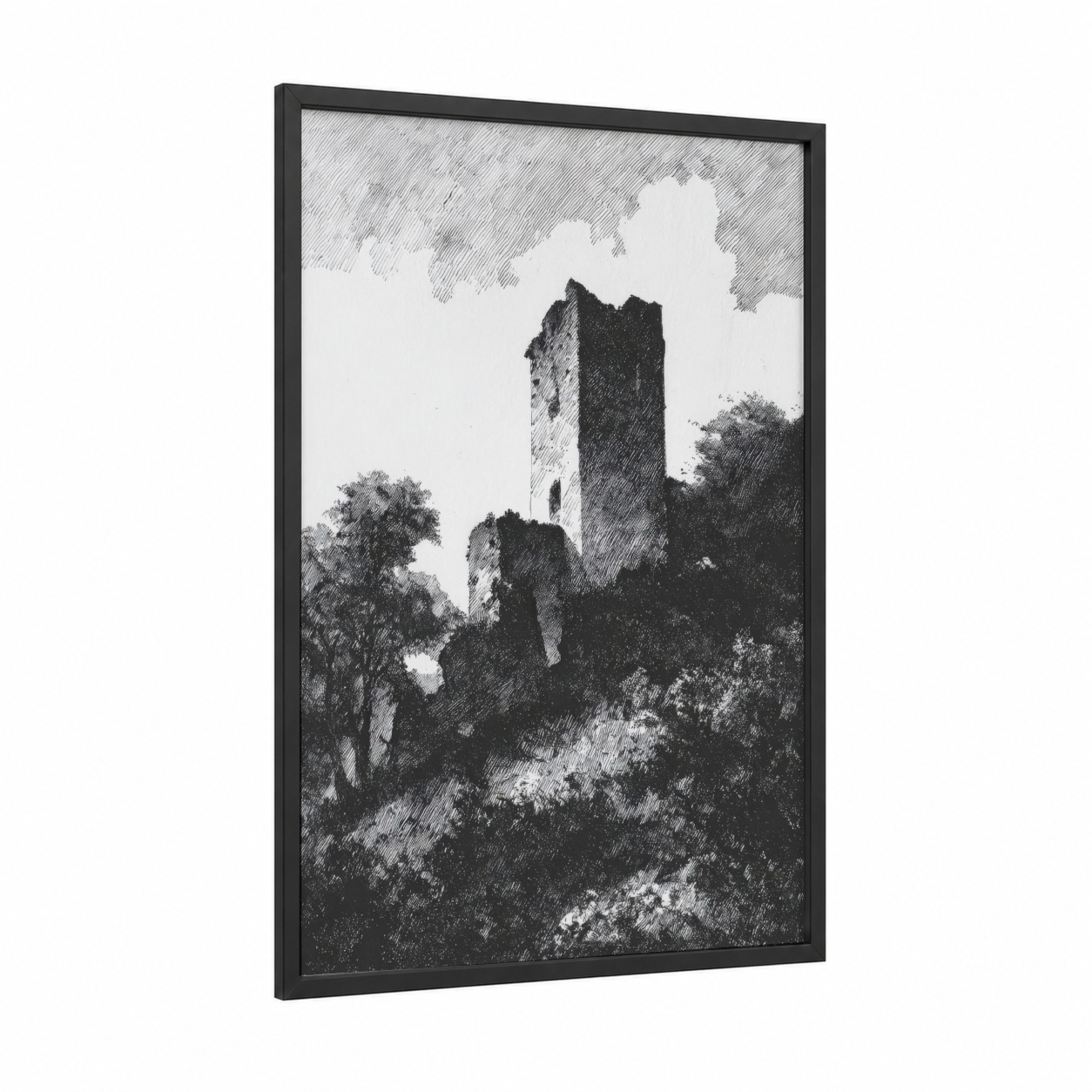 Ruined Stone Tower framed towers print — black wood frame — black and white palette