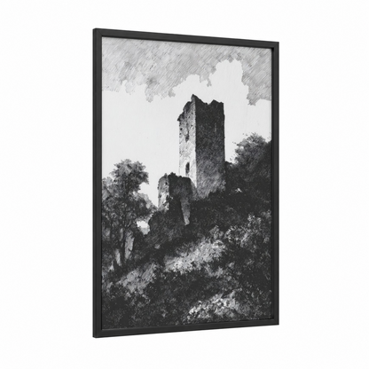 Ruined Stone Tower framed towers print — black wood frame — black and white palette