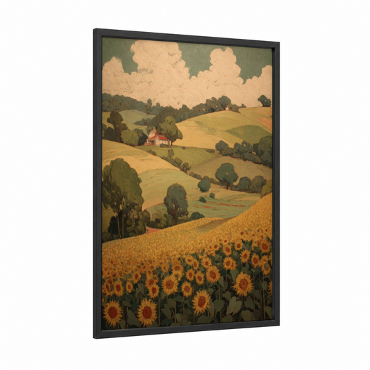 Sunlit Sunflower Field framed art print — black wood frame — gold and green palette