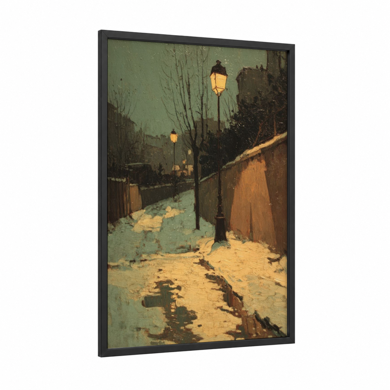 Snowy Street Lamps framed winter print — black wood frame — sage green and yellow gold palette