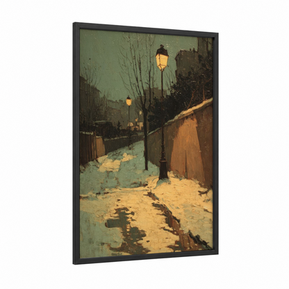 Snowy Street Lamps framed winter print — black wood frame — sage green and yellow gold palette