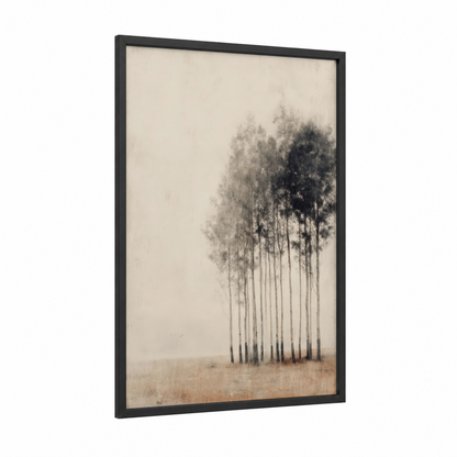 Eucalyptus Forest framed art print — black wood frame — gray and cream palette