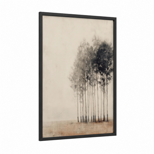 Eucalyptus Forest framed art print — black wood frame — gray and cream palette