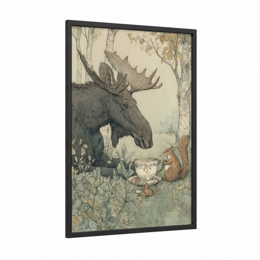 Forest Moose Tea framed art print — black wood frame — sage green and beige palette