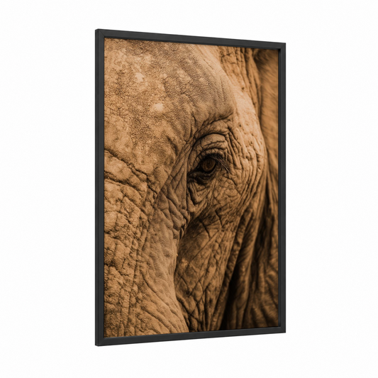 Textured Savanna Elephant framed art print — black wood frame — brown and gold palette