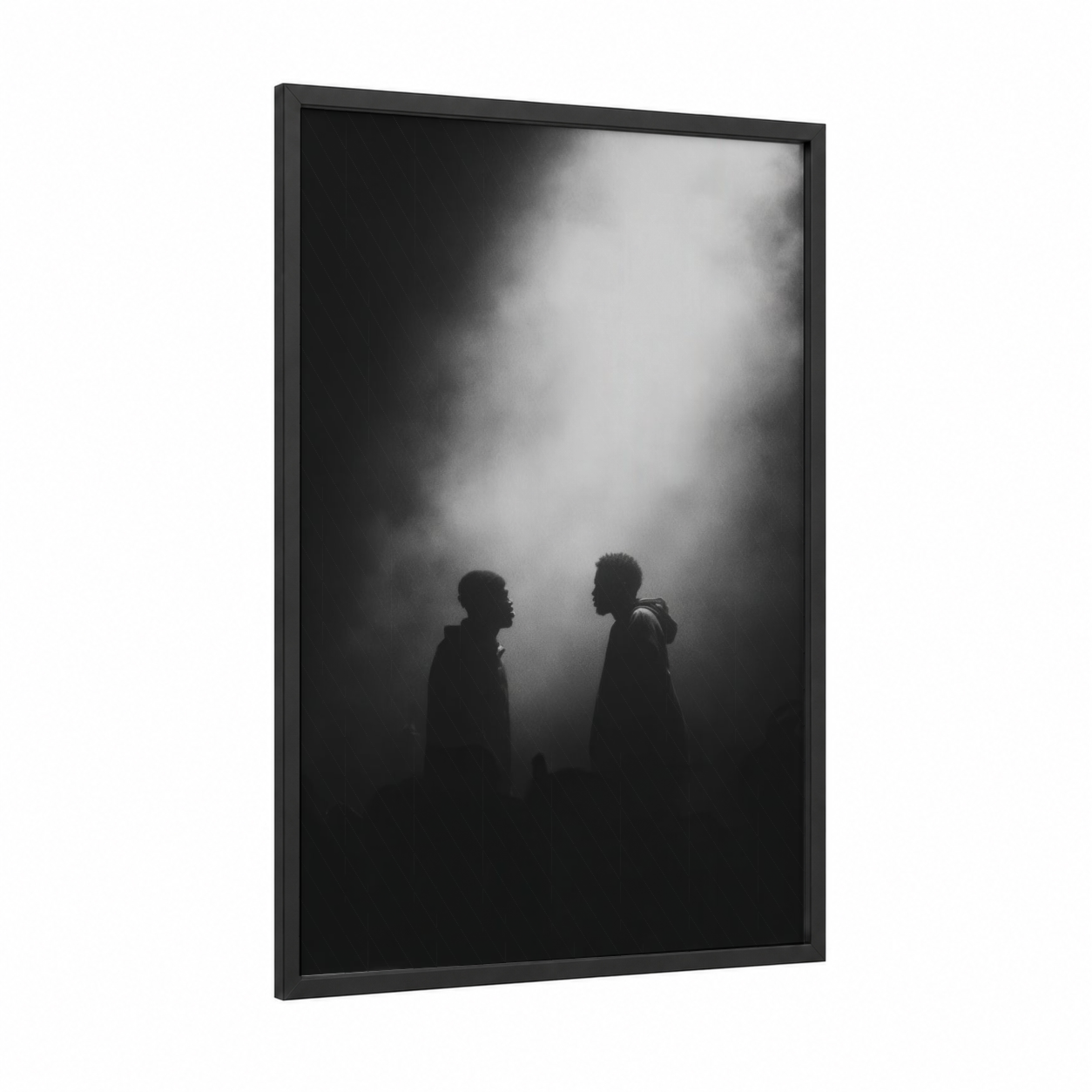 Urban Conversation framed hiphop print — black wood frame — black and white and gray palette