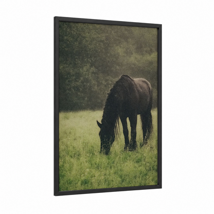 Grazing Friesian framed friesian horse print — black wood frame — dark green and olive palette