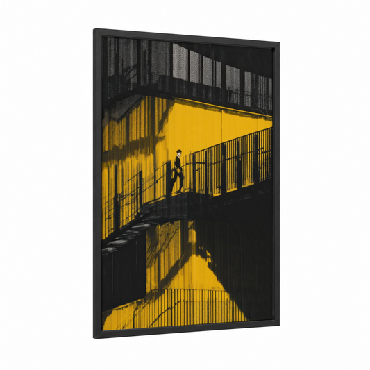 Yellow Stairwell framed abstract architecture print — black wood frame — yellow and black palette