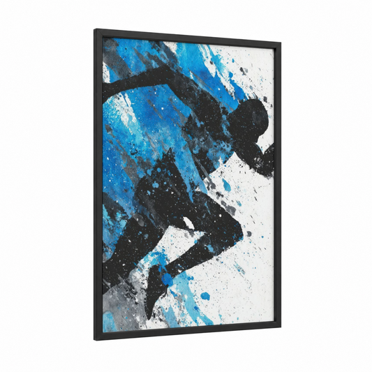 Dynamic Runner Motion framed running print — black wood frame — blue and black and white palette