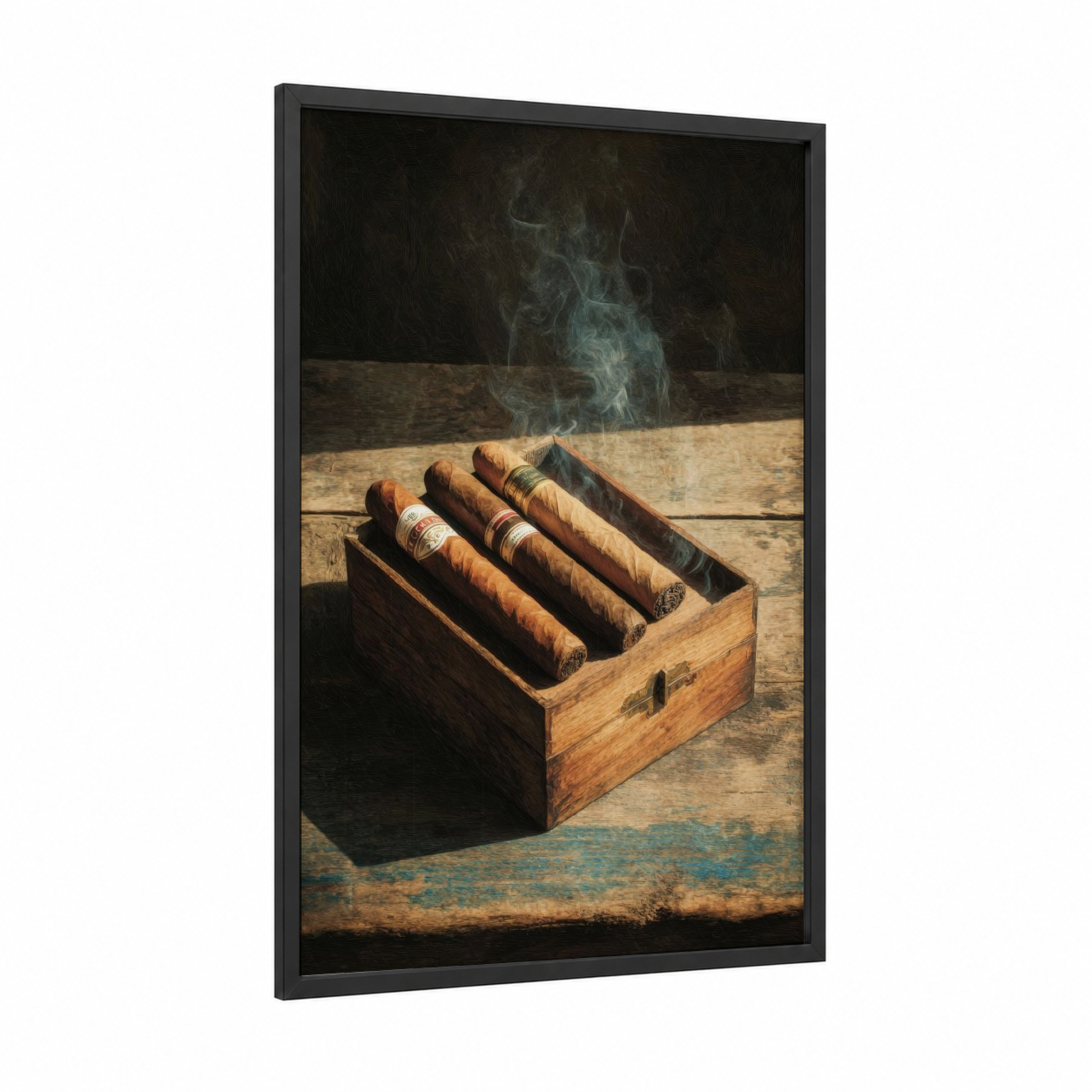 Smoking Cigars framed art print — black wood frame — brown and espresso palette