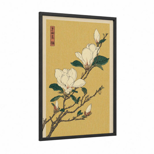 Cream Magnolia Branch framed art print — black wood frame — yellow gold and cream palette