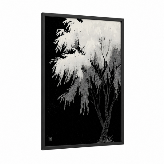 Moonlit Willow framed willow tree print — black wood frame — black and white palette