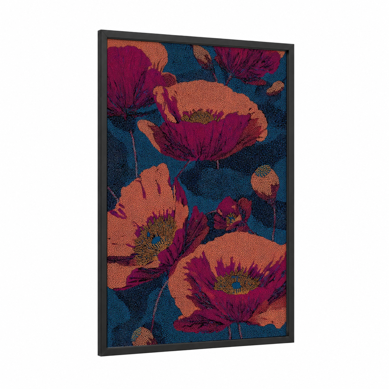Jewel Tone Poppies framed art print — black wood frame — magenta and dark blue palette