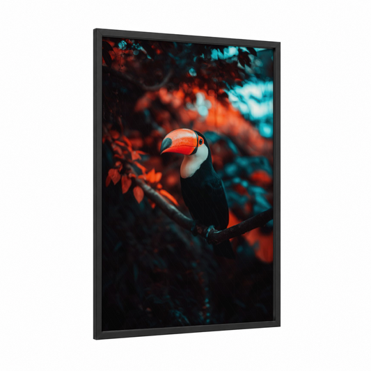 Vibrant Toucan Portrait framed art print — black wood frame — black and red and blue and gold palette