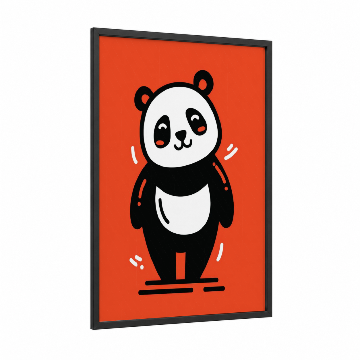Happy Panda framed art print — black wood frame — black and white and orange palette