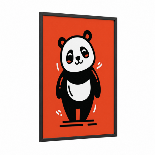 Happy Panda framed art print — black wood frame — black and white and orange palette