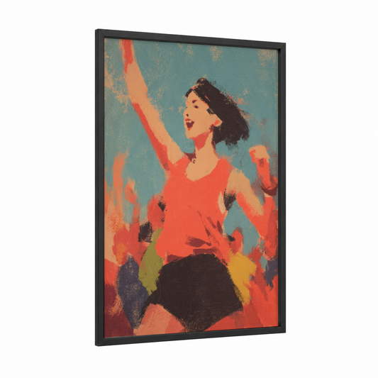 Energetic Zumba Dancer framed art print — black wood frame — red and teal palette