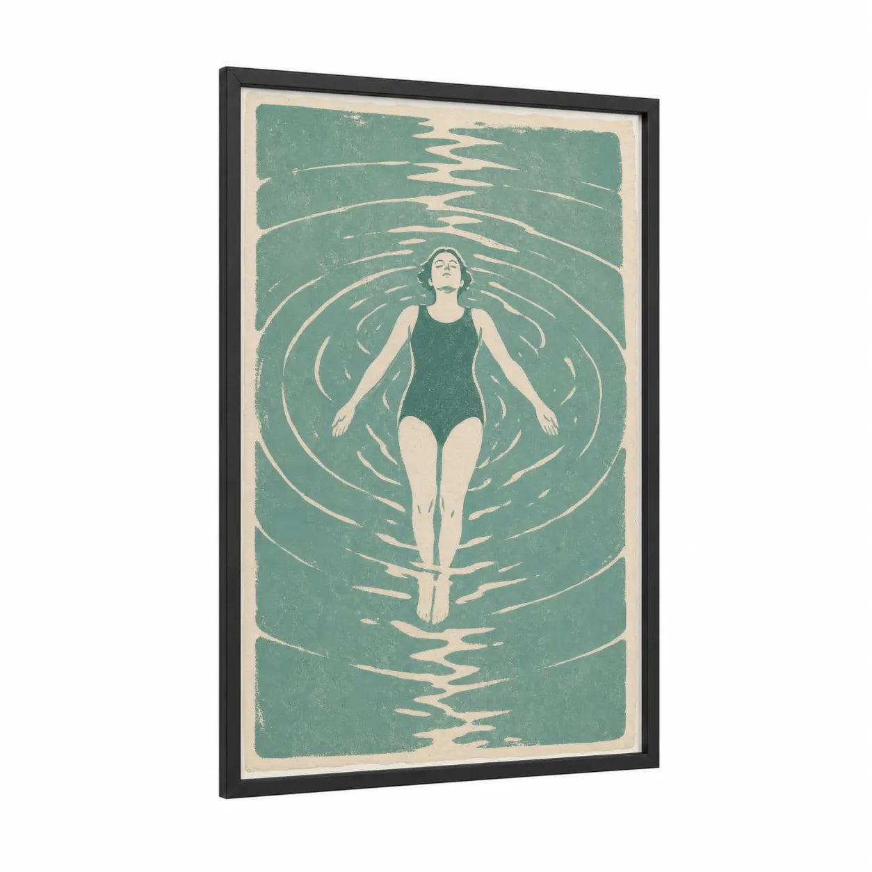 Vintage Swimming Woman Wall Art framed art print — black wood frame — teal and cream palette