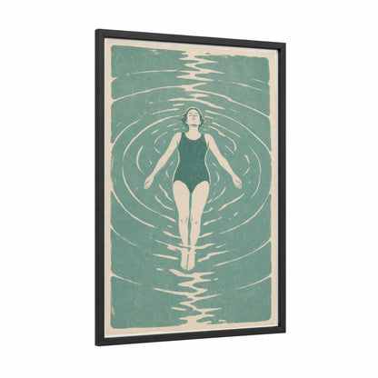 Vintage Swimming Woman Wall Art framed art print — black wood frame — teal and cream palette