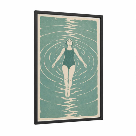 Vintage Swimming Woman Wall Art framed art print — black wood frame — teal and cream palette