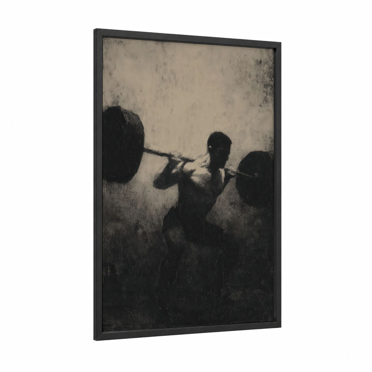 Strength Silhouette framed bodybuilding print — black wood frame — black and white and beige palette
