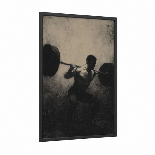 Strength Silhouette framed bodybuilding print — black wood frame — black and white and beige palette