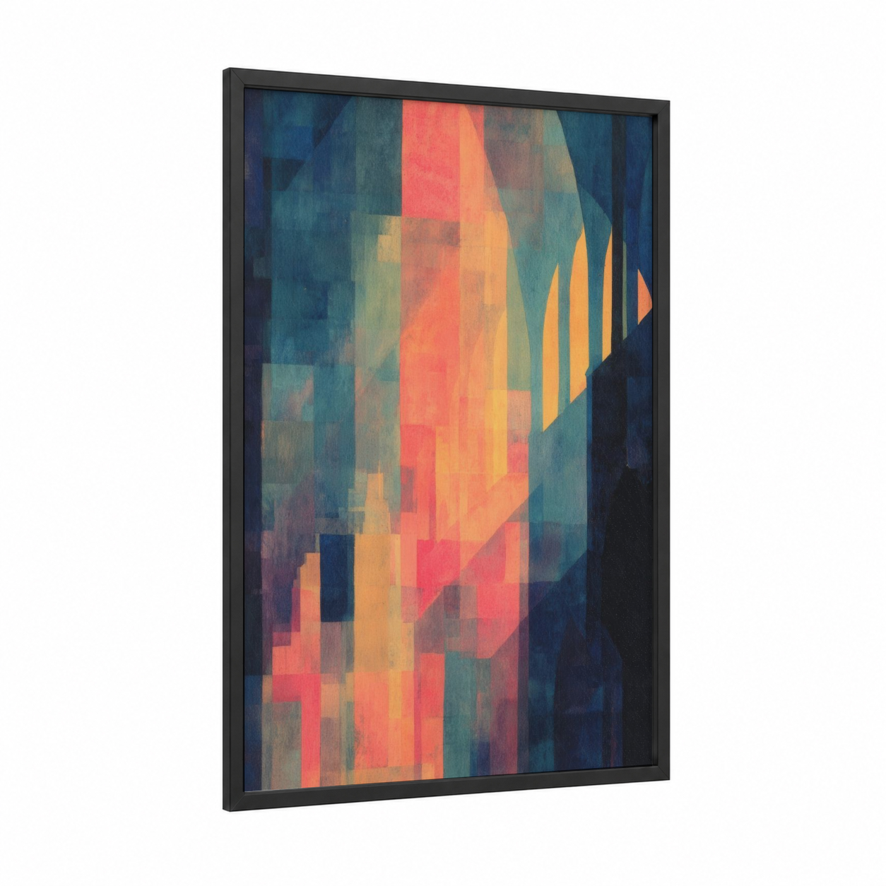 Crimson Cathedral Light framed art print — black wood frame — teal and gold palette
