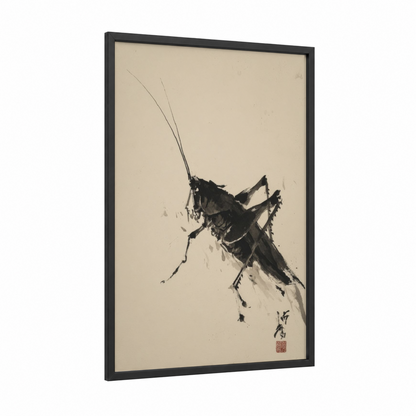 Brushstroke Grasshopper framed art print — black wood frame — black and white and beige palette