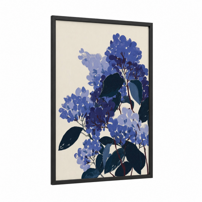 Midnight Lilacs framed art print — black wood frame — blue and black and white palette