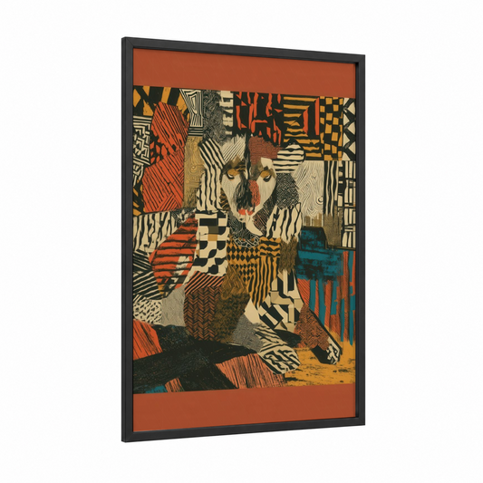 Geometric Lion framed art print — black wood frame — russet and black and gold palette