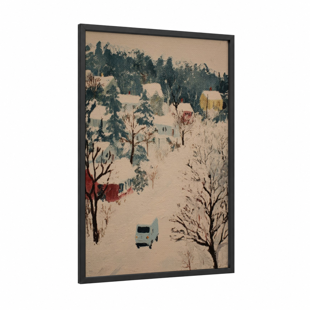Snowy Van Drive framed art print — black wood frame — cream and dove gray palette