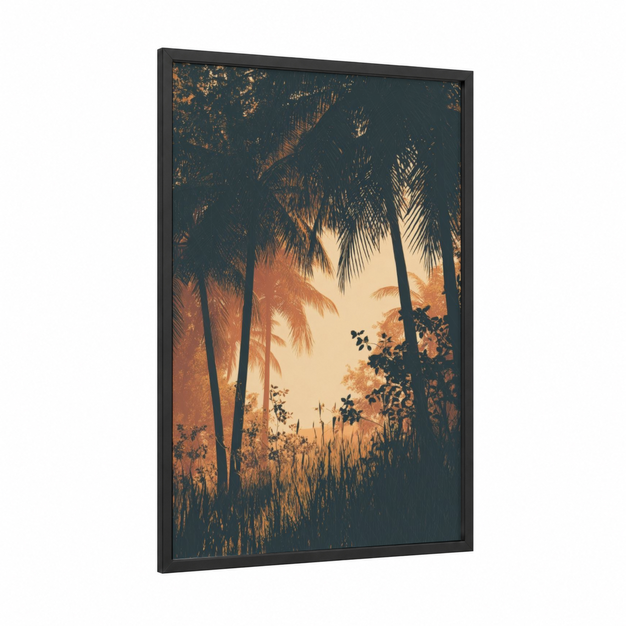 Tropical Sunset Forest framed palm forest print — black wood frame — gold and dark blue palette
