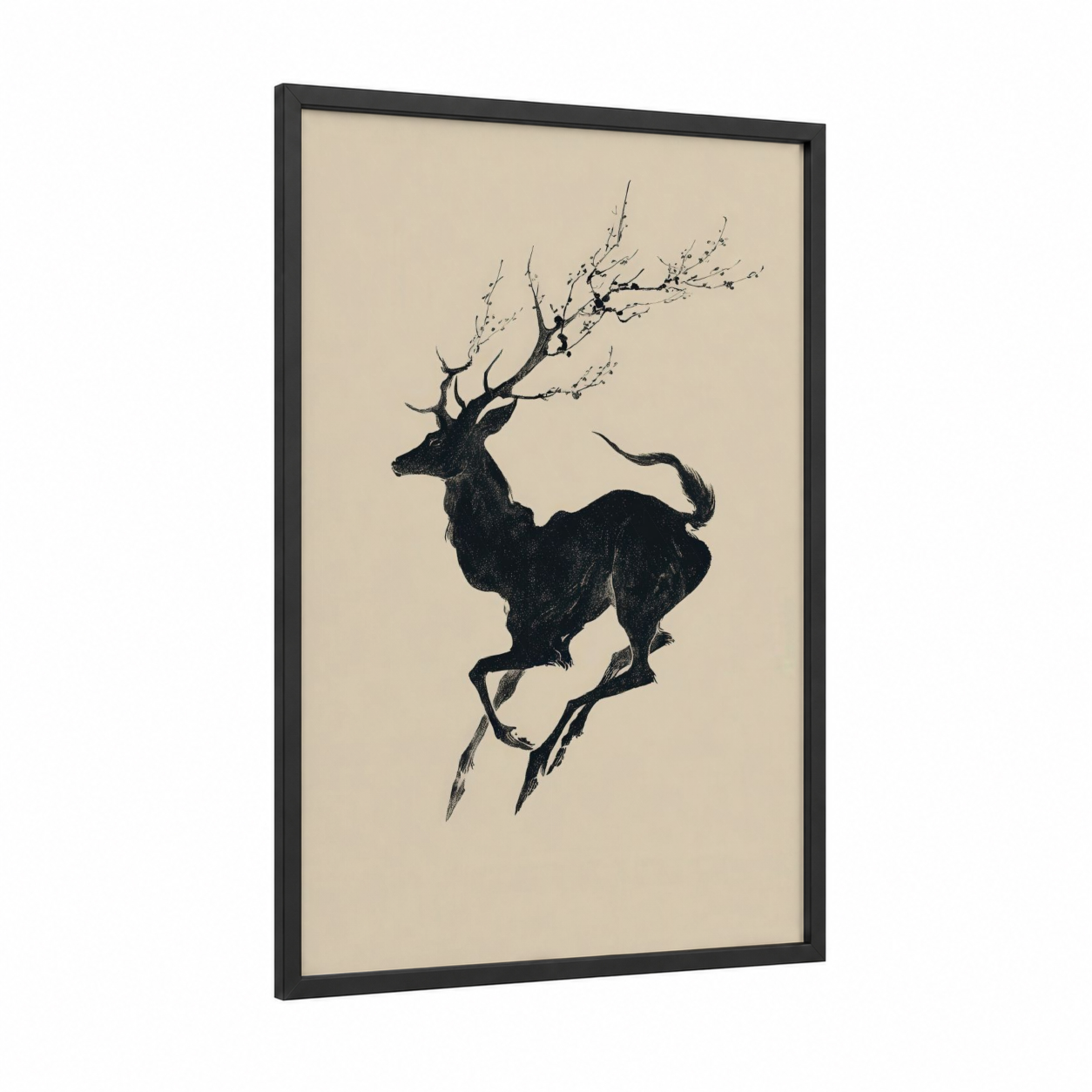 Winter Reindeer framed art print — black wood frame — black and cream palette