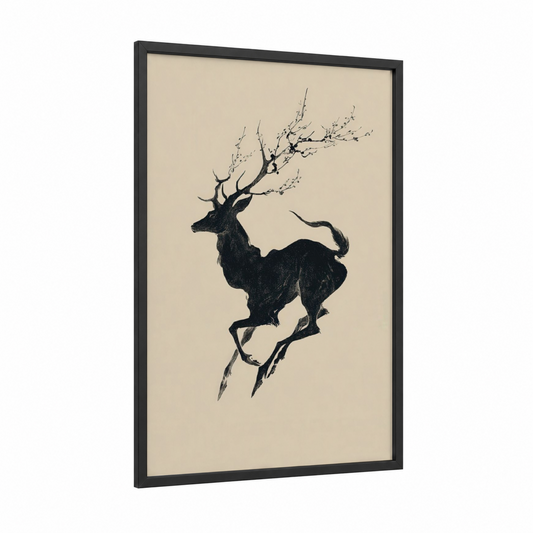 Winter Reindeer framed art print — black wood frame — black and cream palette