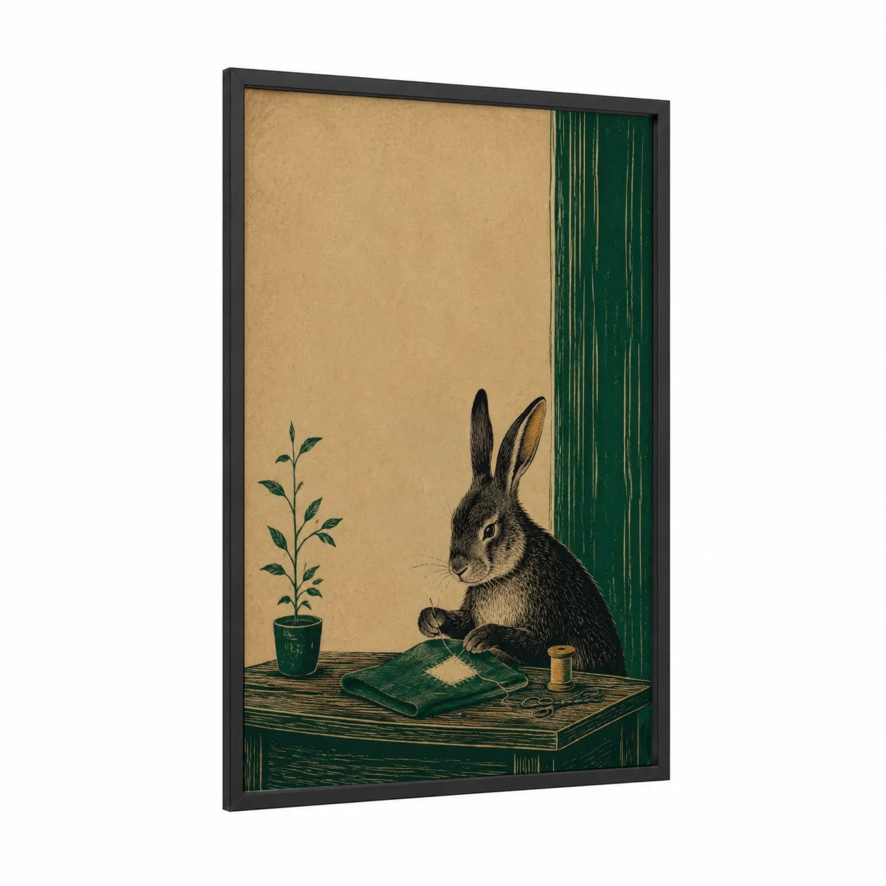 Rabbit Sewing Illustration Wall Art framed art print — black wood frame — true green and beige palette