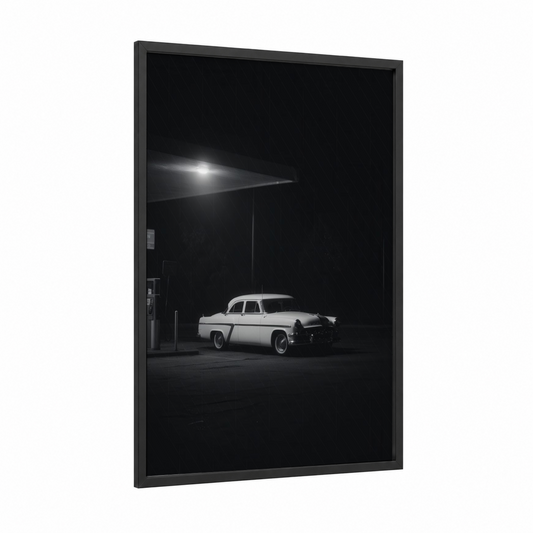 Midnight Classic framed classic car print — black wood frame — black and white palette